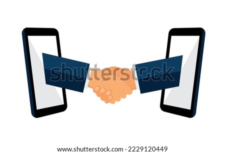 Business handshake vector illustration flat style. Online Communication, two business man handshake on mobile, Businesspersons shaking hands through display of a phone. Handshake and mobile phones 