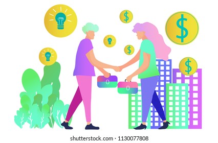 Business handshake.Business people,man woman,the opening of a new startup.vector illustration in flat modern style.Up idea investor money in ideas.to join in a merger make a deal or collaborate