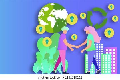 Business handshake.Business people,man woman,the opening of a new startup.Concept of green eco earth.in ideas.to join in a merger make a deal or collaborate.New Trends Modern Colors Paper art Style.