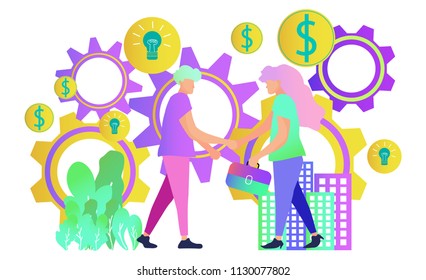 Business handshake.Business people,man woman.vector illustration in flat modern style.The investor holds money in ideas.financing of creative projects.to join in a merger make a deal or collaborate