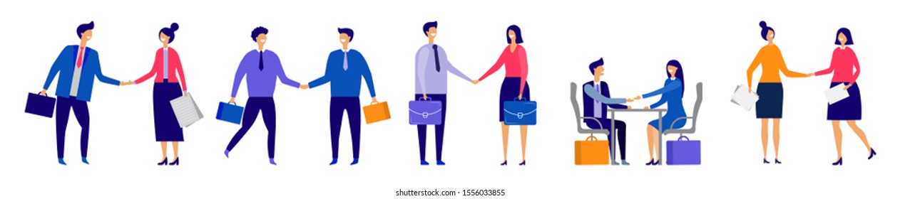 Business handshakes. Agreement conclusion vector illustration. Flat businesspeople characters isolated on white background