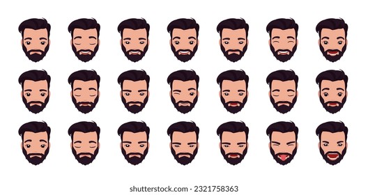 Business handsome latino man, male emotion set, office manager portrait employee bundle. Different face icons, positive, negative pic. Vector flat style cartoon circles isolated on white background