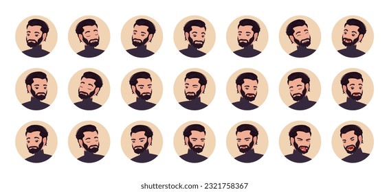 Business handsome latino man, male avatar, office manager portrait set employee bundle. Different emotions face icons, character pic. Vector flat style cartoon circle set isolated, white background