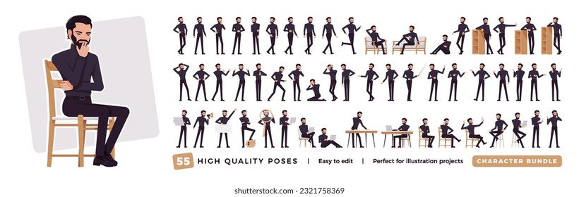 Business handsome latino man, male character set, bundle. Confident beard manager, black turtleneck, poses, emotions, office situations. Vector flat style cartoon character isolated, white background