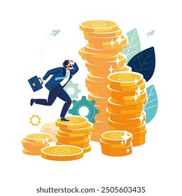 Business. Happy businessman investor joyfully climbing up on pile of money gold dollar coin growth, compound interest, money investment growth, prosperity and profitability, people Vector illustration