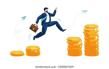 Business. Happy businessman investor running up, jumping on stack of money, gold dollar coins compound interest, investment growth money. Prosperity and financial profitability. Vector illustration