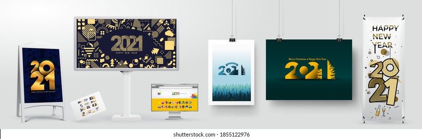 Business Happy New Year 2021 billboard, greeting card, banner, website. Set of concept for background, mobile, party invitation card, social media banner, marketing material. Vector illustration.