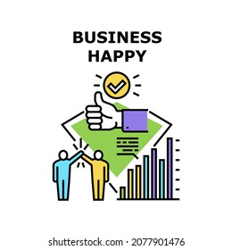 Concepto de icono de vector feliz para empresas. Empresario Feliz Y Empresario, Logro Exitoso Y Aumento De Beneficios. Gestor Analizando Las Ventas O La Ilustración De Color Infográfico De Ingresos