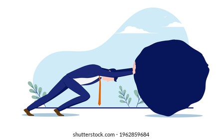 Business hard work - Businessman pushing large rock, metaphor for effort and determination. Vector illustration on white background.