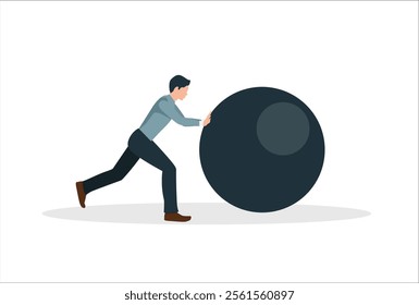 Business hard work Businessman pushing large rock, metaphor for effort and determination. Vector illustration on white background.