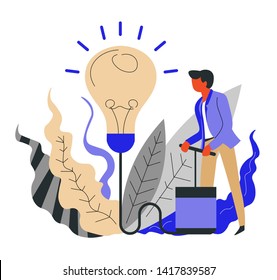 Business having idea businessman pumping up light bulb vector startup or project brainstorming boosting creativity and efficiency thought entrepreneur office worker manager or boss development