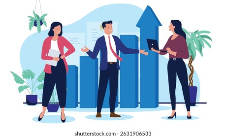 Business having success - Team or group of successful businesspeople  standing in front of diagram chart with arrow pointing up towards growth and achievement. Flat design vector illustration