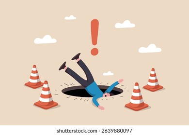 Business Hazard Concept. Vector cartoon illustration of a man falling into a hole surrounded by safety cones, symbolizing unforeseen risks or pitfalls in work or life. Isolated on background.