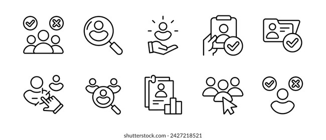 business headhunting employment recruitment line icon set human resource job hiring, career, interview, teamwork, training, vector illustration management recruit people symbol design