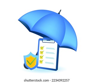 Business or health insurance concept. Vector of a clipboard and application form with check marks under the umbrella