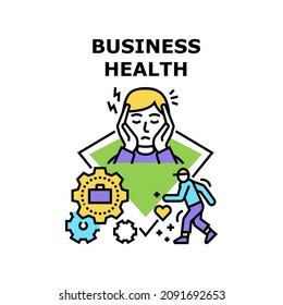 Business Health Vector Icon Concept. Manager Businessman With Headache After Heavy Work Process And Healthy Walk Exercising, Business Health And Treatment. Healthcare Employee Color Illustration