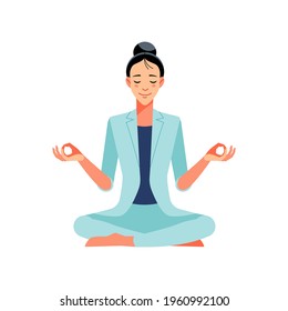 Business and healthy lifestyle concept. Young office woman sitting cross-legged in half lotus yoga pose at the workplace. Smiling business lady meditating at work. Cartoon vector illustration