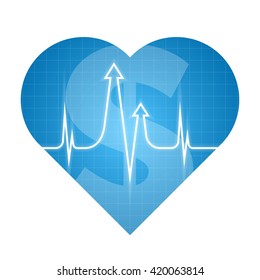 Business heart pulse concept. Vector illustration of finance development process. Isolated blue heart silhouette, heartbeat line with arrows shape. Element for web, print, presentation, social network