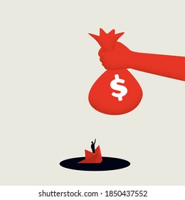 Business Help, Investment, Support And Bailout Vector Concept. Businessman, Paper Boat And Money Bag Symbol. Government Stimulus Package. Eps10 Illustration.