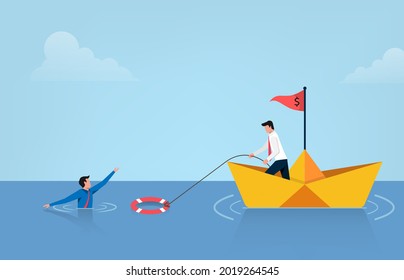 Business help other with lifebuoys vector illustration. Bankruptcy and government bailout symbol with businessman on paper boat and drowning man to life preserver.