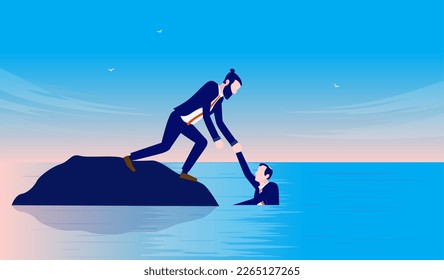 Business help and support - Businessman helping colleague back up and out of a difficult situation. Trouble and crisis concept, flat design vector illustration