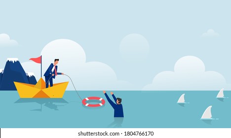 Business Help Symbol Other With Lifebuoys Vector Illustration. Bankruptcy And Government Bailout With Businessman On Paper Boat And Drowning Man In Life Preserver. 