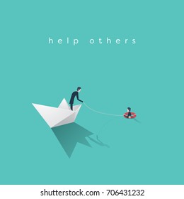 Business help vector concept. Bankruptcy, government bailout symbol with businessman on paper boat and drowning man in life preserver. Eps10 vector illustration.