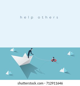 Business Help Vector Concept. Bankruptcy, Government Bailout Symbol With Businessman On Paper Boat And Drowning Man In Life Preserver. Eps10 Vector Illustration.