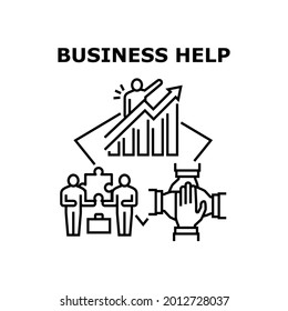 Business Help Vector Icon Concept. Business Help And Support For Resolve Problem Or Increase Sales, Teamwork And Brainstorming. Team Search Solution And Planning Strategy Together Black Illustration