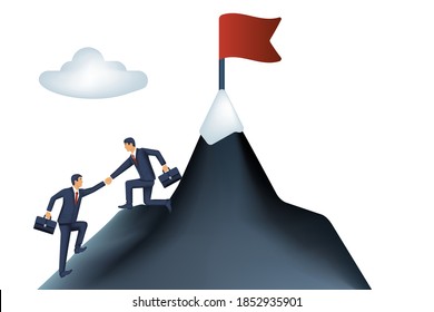 Business helping concept. Businessman helps partner to rise to top. Gives helping hand to an employee. Vector illustration flat design. Teamwork collaboration. People work together to achieve goal.