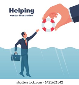 Business helping concept. Male with a life buoy in water. Businessman gives a helping hand to an employee. To give help man, metaphor. Vector illustration flat design. Isolated on white background.
