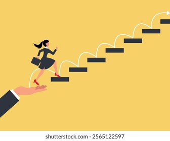 Business helping hand, Step or progress to success and reach goal target. Businesswoman run up stair to success.