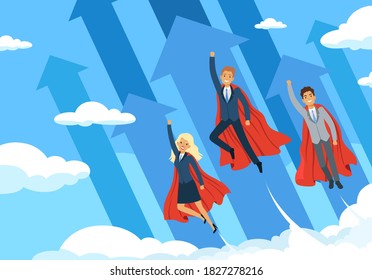 Business hero background. Flying managers power of superhero good teamwork successful people helping employees vector business concept