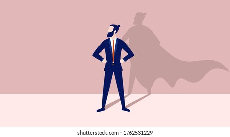 Business hero - Bearded hipster businessman standing proud and casting superhero shadow on wall. Heroic, courageous and brave man concept.  Vector illustration.