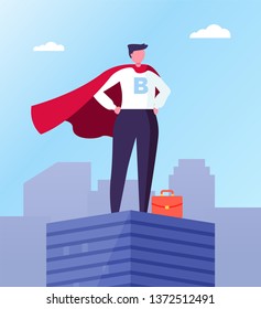 Business hero, leader in superhero cloak on top of skyscraper in city center. Vector businessman with red briefcase, superhuman big boss, commercial director