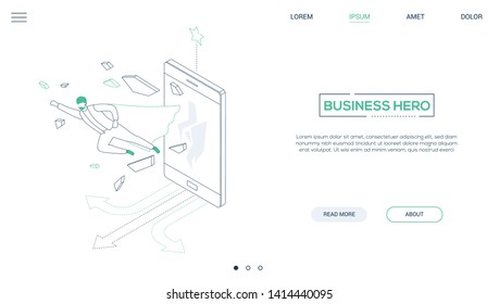 Business Hero - Line Design Style Isometric Web Banner On White Background With Copy Space For Text. A Header With Businessman In A Superhero Cape Rushing Through Smartphone Screen. Leadership Concept