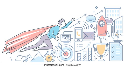 Business hero - modern color line design style illustration on white background. Banner header for your website. A person in a superhero costume flying up to the top