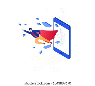 Business hero - modern colorful isometric vector illustration on white background. High quality composition with a businessman in a superhero cape rushing through smartphone screen. Leadership concept