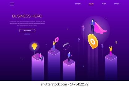 Business hero - modern isometric vector web banner on purple background with copy space for text. Male, female colleagues working, businesswoman in a cape standing on a shield. Leadership, motivation