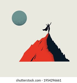 Business hero vector concept with man on mountain top. Symbol of achievement, success. Minimal eps10 art illustration.