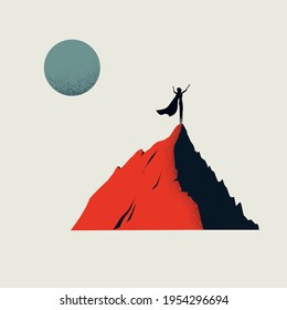 Business hero vector concept with woman on mountain top. Symbol of achievement, success. Minimal eps10 art illustration.