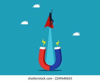 Business heroes break free from magnetic attraction. The concept of escaping and discovering new ideas