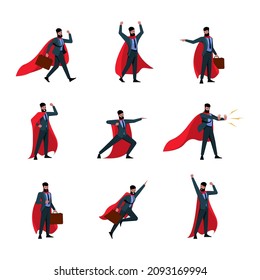 Business heroes. Flying man in red cape power action poses of businessman characters garish vector illustrations in cartoon style isolated