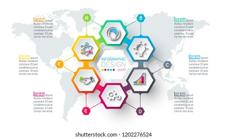 Business hexagon labels shape infographic on circle.