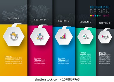 Business hexagon net labels shape infographic with dark background.