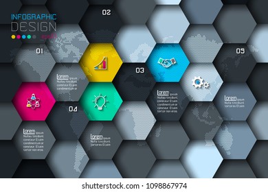 Business hexagon net labels shape infographic with dark background.