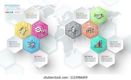 Business hexagon net labels shape infographic bar.
