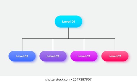 Business hierarchy chart infographics. Corporate organizational structure graphic elements with 2 levels. The top-level connects to four subordinate nodes