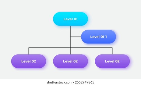 Business hierarchy chart infographics. Corporate organizational structure graphic elements with 2 levels. The top-level connects to three subordinate nodes