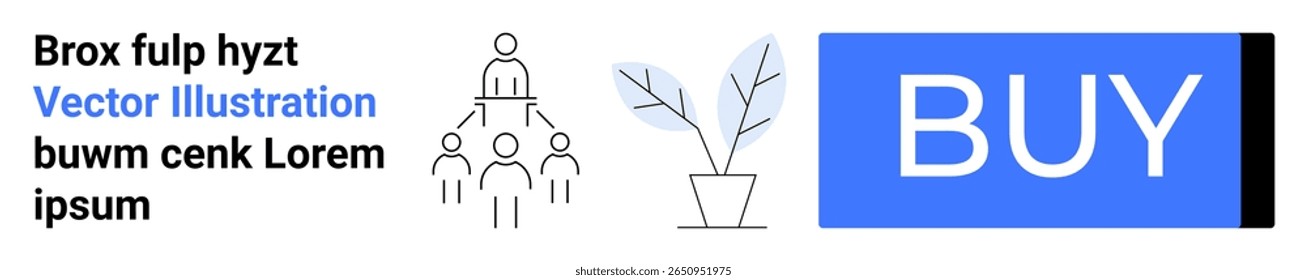 Business hierarchy diagram, blue buy button, potted plant, and example text in black and blue font. Ideal for business presentations, website design, marketing, e-commerce, organizational charts